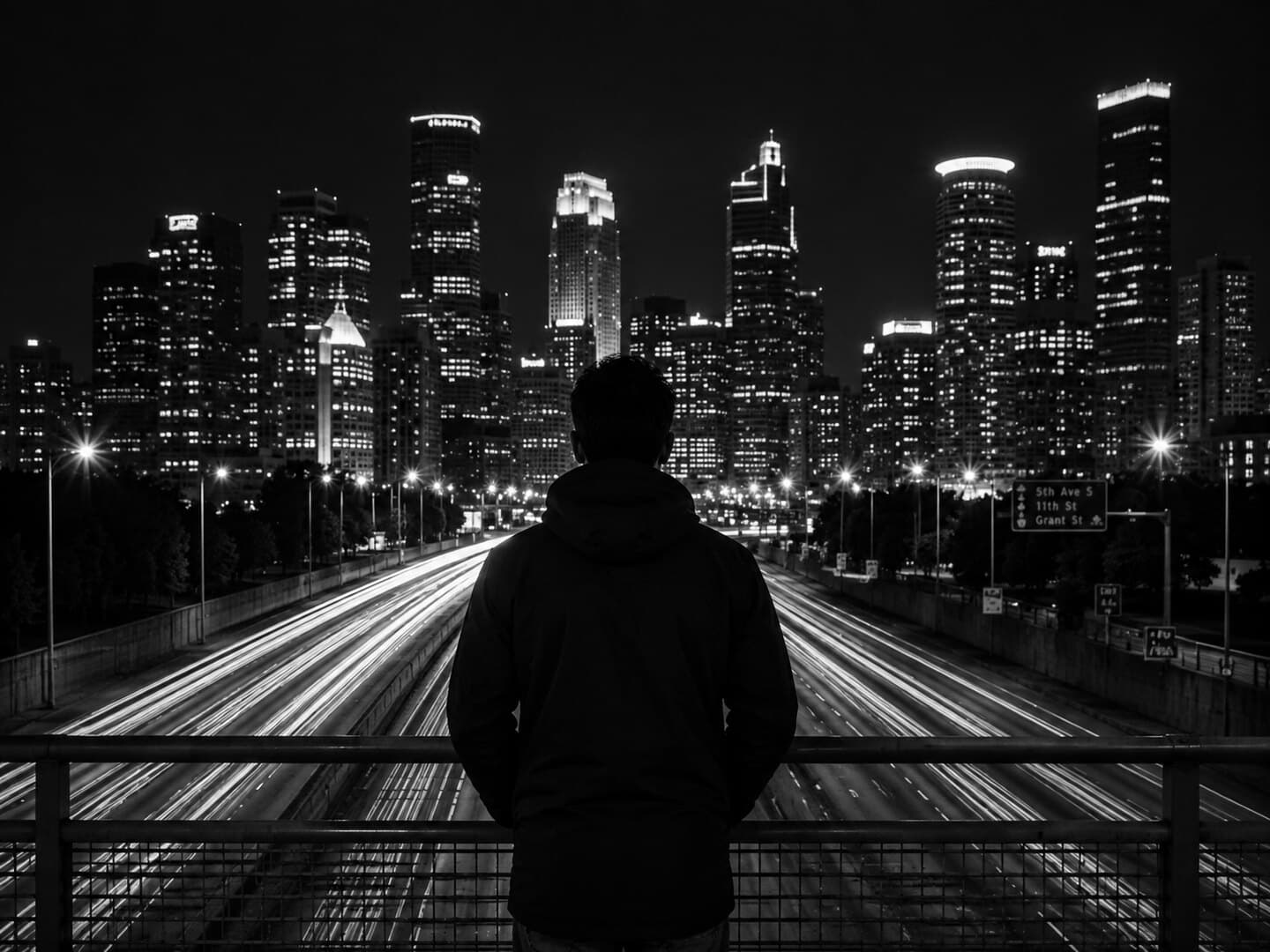 Persona contemplando la ciudad de noche desde una pasarela sobre la autopista